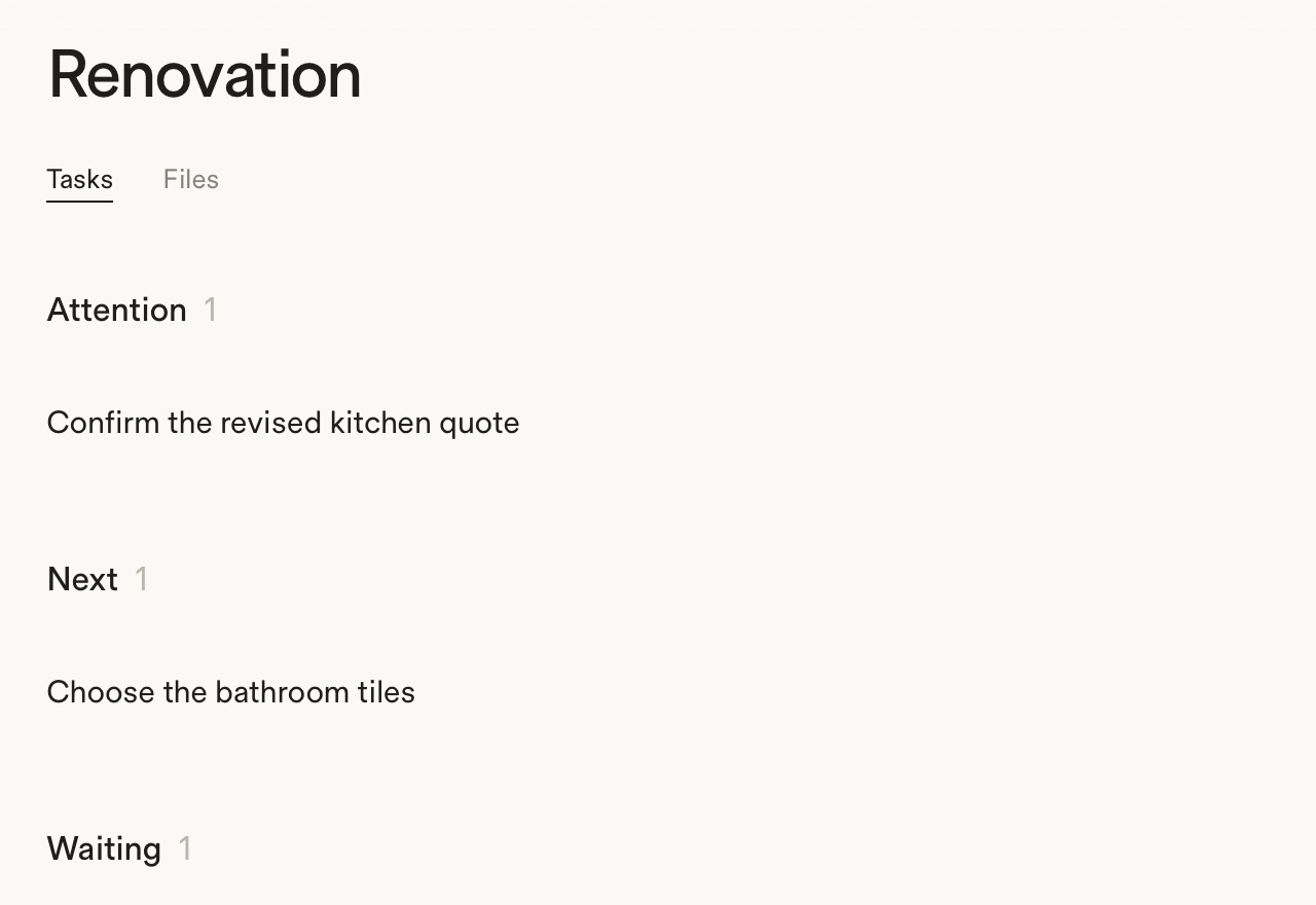 A Renovation folder showing only its tasks, with a switch to its files