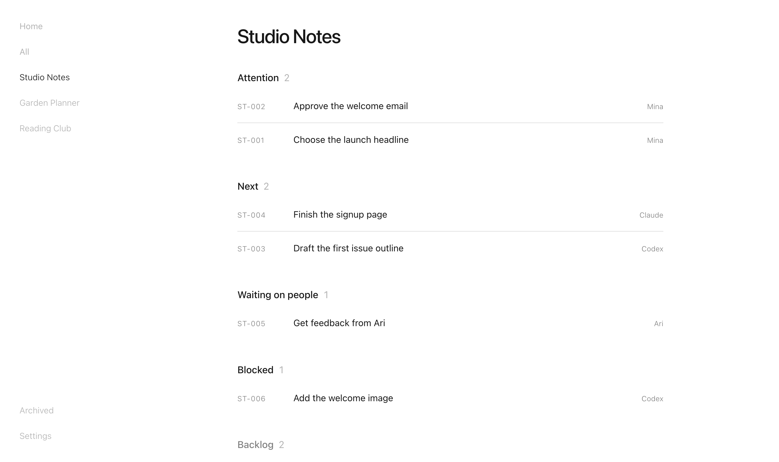 The first Torch dashboard: a project page with tasks grouped into Attention, Next, Waiting on people, Blocked, Backlog and Completed.