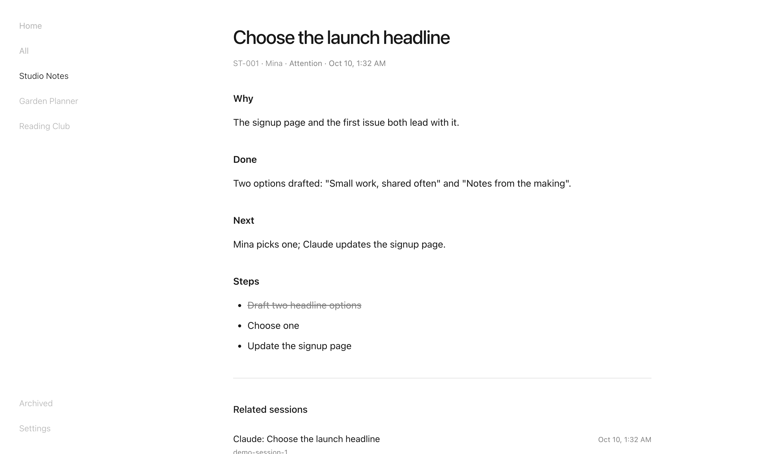 A task page in the first dashboard showing Where things stand, Next, Soft tasks, Sources and Related sessions.